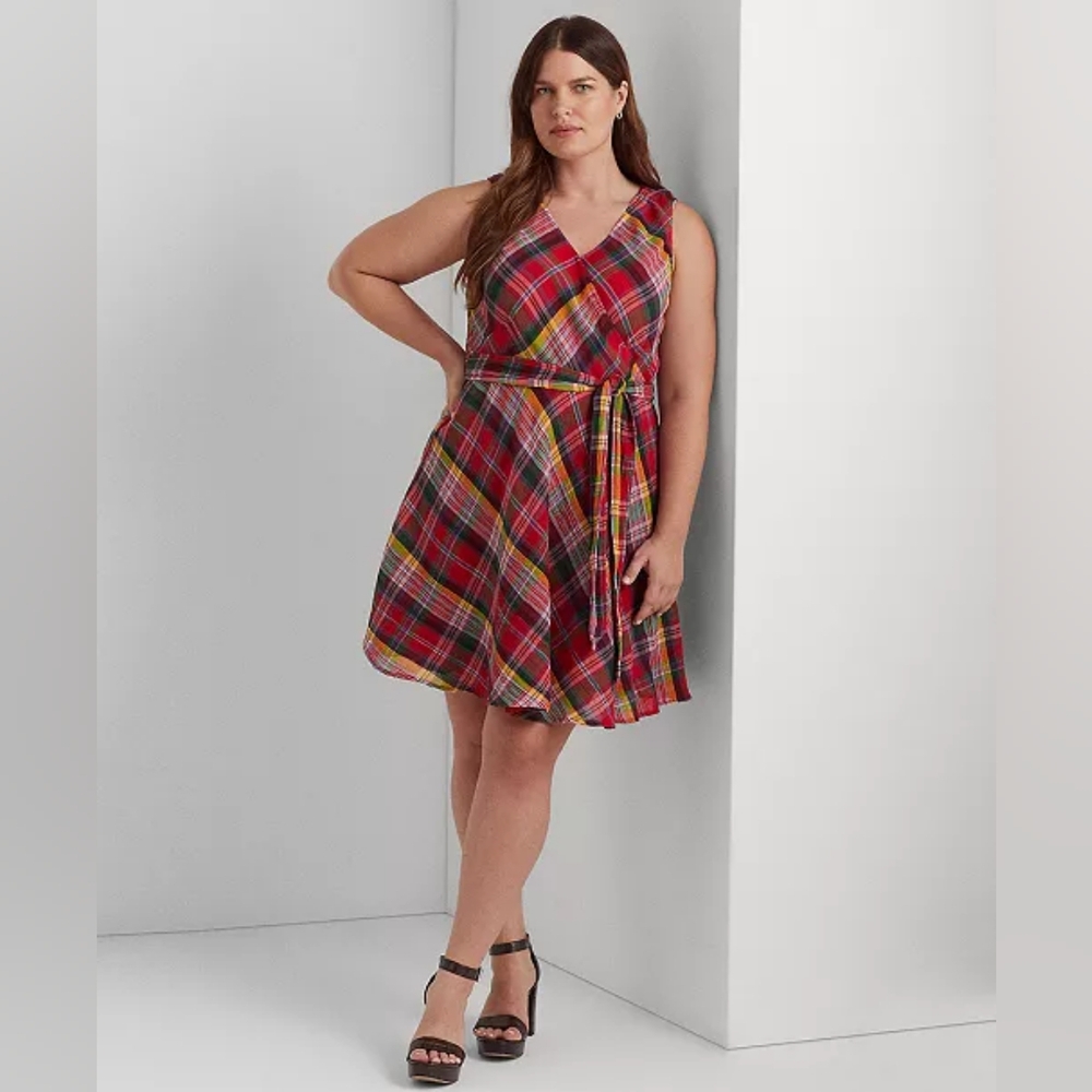 Ralph Lauren - Sleeveless Plaid Crinkle Cotton Tie Waist Dress - Size 16